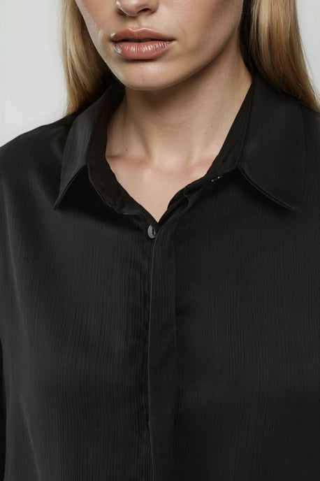 Ruffle Drape Long Sleeve Mini Dress with Shirt Collar - Image 5