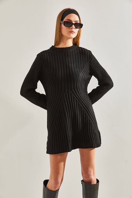Textured Knitwear Mini Dress with Crew Neck - Image 2