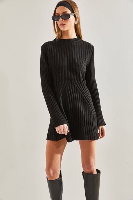 Textured Knitwear Mini Dress with Crew Neck - Image 5
