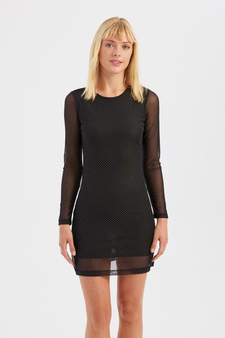 Mesh Ronde Hals Steen Versierd Lange Mouw Mini Jurk - Image 3