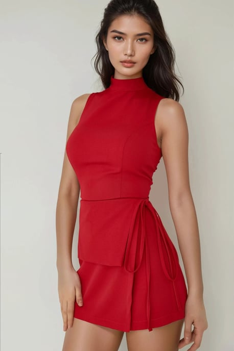 Hoge Hals Mouwloze Strakke Jumpsuit met Strik Taille Detail - Image 1