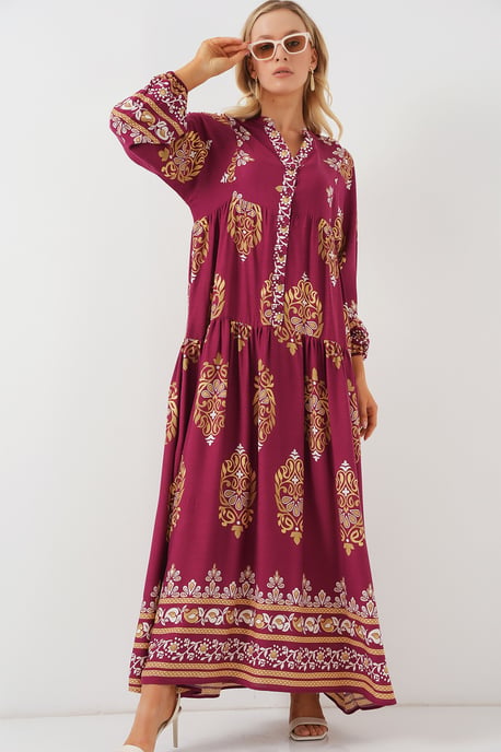 Gepatternde V-hals Maxi-jurk met knoopsluiting - Image 3