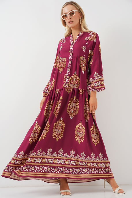 Gepatternde V-hals Maxi-jurk met knoopsluiting - Image 4