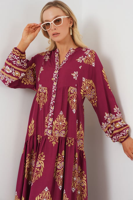 Gepatternde V-hals Maxi-jurk met knoopsluiting - Image 5