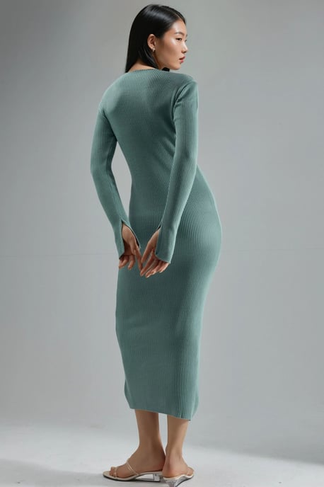 V-hals Textured Maxi Brei Jurk met Splits - Image 3