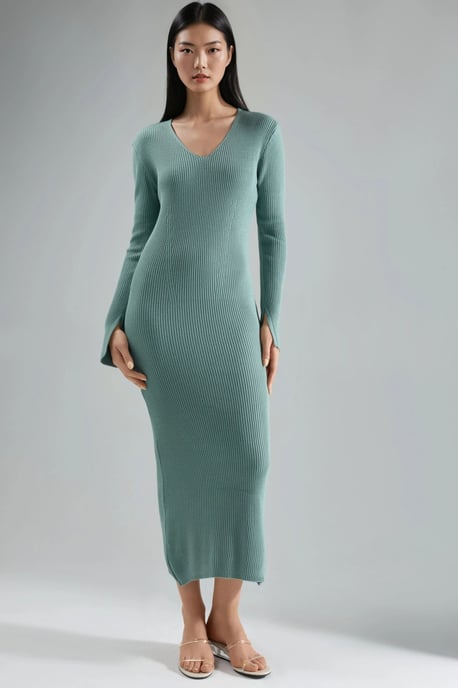 V-hals Textured Maxi Brei Jurk met Splits - Image 6