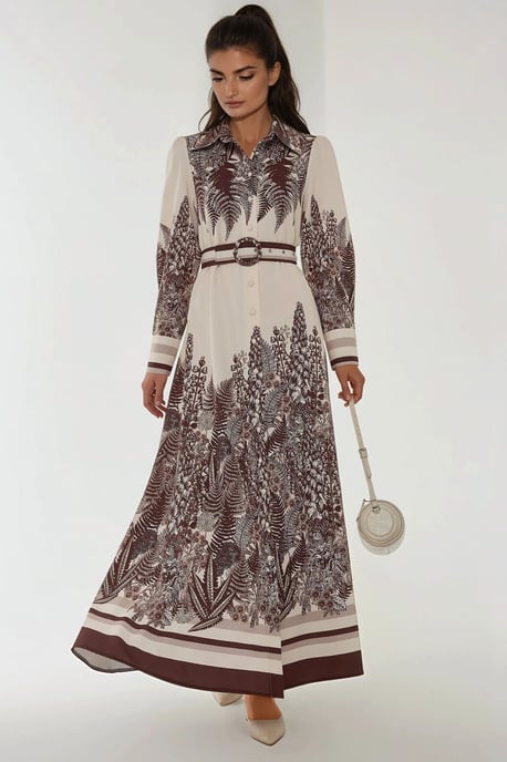 Printed Long Sleeve Maxi Dress with Belt - Image 3
