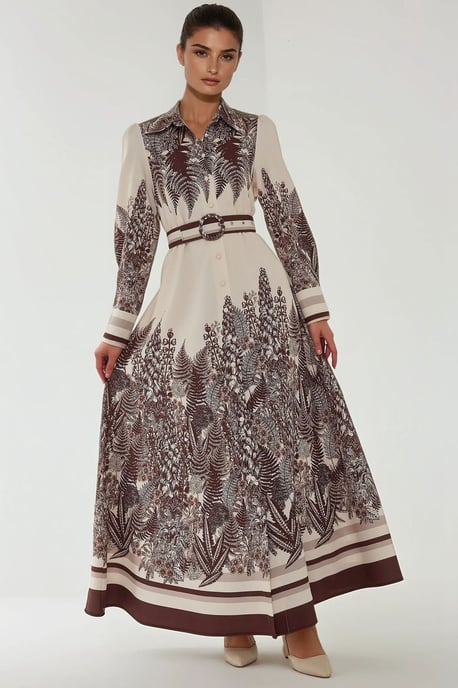 Printed Long Sleeve Maxi Dress with Belt - Image 4