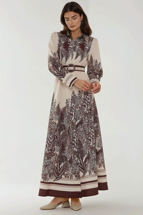 Printed Long Sleeve Maxi Dress with Belt - Image 6