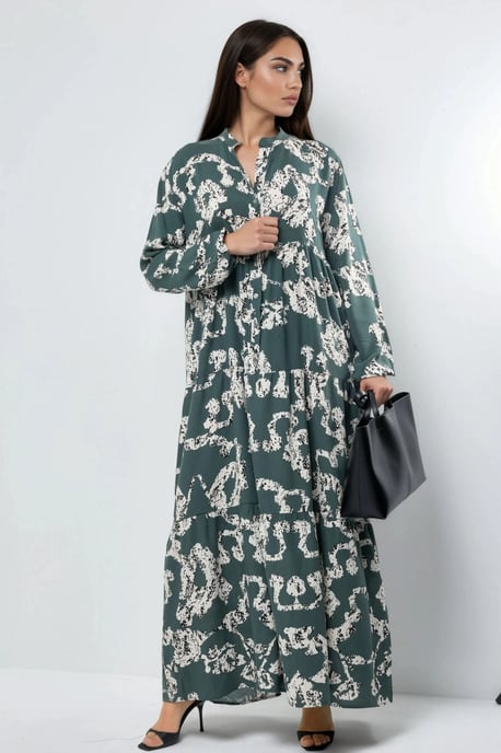 V-hals Patroon Maxi-jurk met Knopen - Image 1