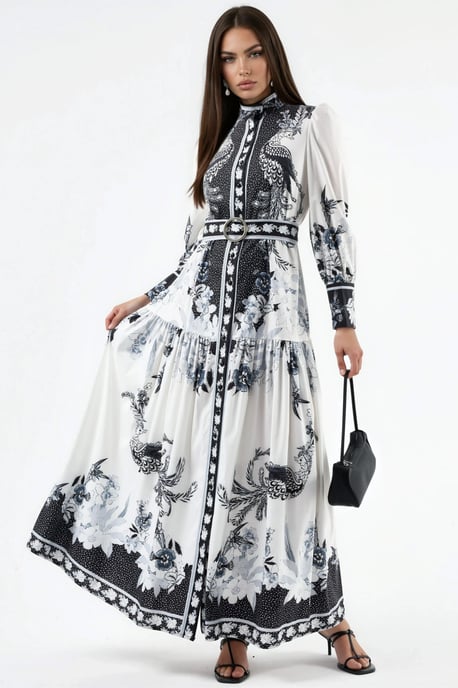 Bloemen Maxi Jurk met Overhemdkraag en Riem - Image 1