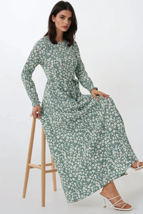 Flowering Crew Neck Maxi Dress with Belt - Image 1