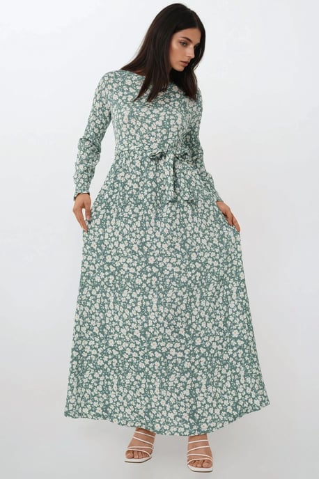 Flowering Crew Neck Maxi Dress with Belt - Image 2