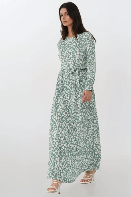 Flowering Crew Neck Maxi Dress with Belt - Image 3