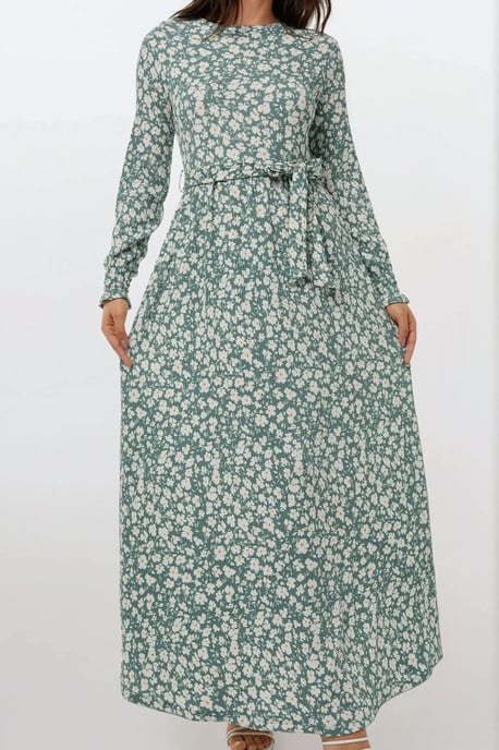 Flowering Crew Neck Maxi Dress with Belt - Image 4