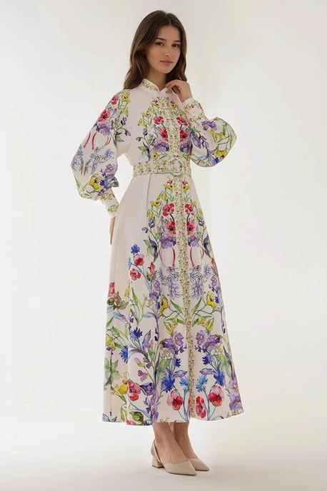 Gedrukt Lange Mouw Maxi Jurk met Riem - Image 3