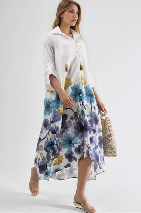 Bloemen Maxi Jurk met Hemd Kraag en Knopen Sluiting - Image 2