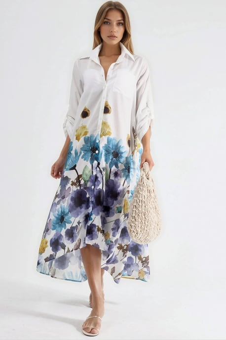 Bloemen Maxi Jurk met Hemd Kraag en Knopen Sluiting - Image 6
