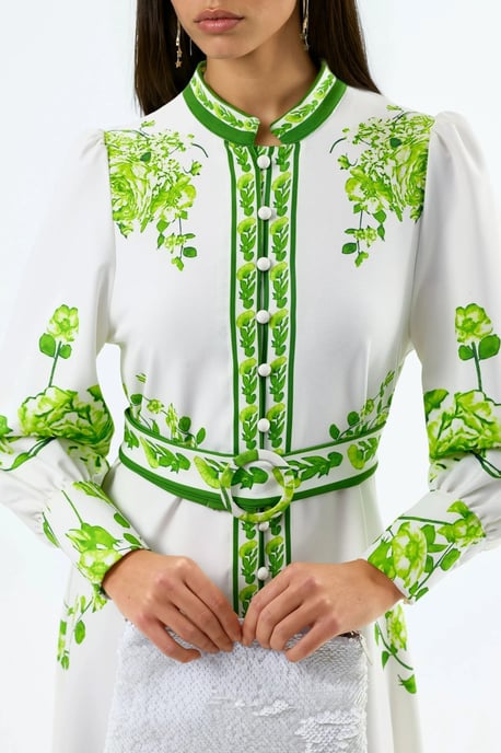 Bloemige Maxi-jurk met Lange Mouwen en Ceintuur en Mandarijnkraag - Image 5