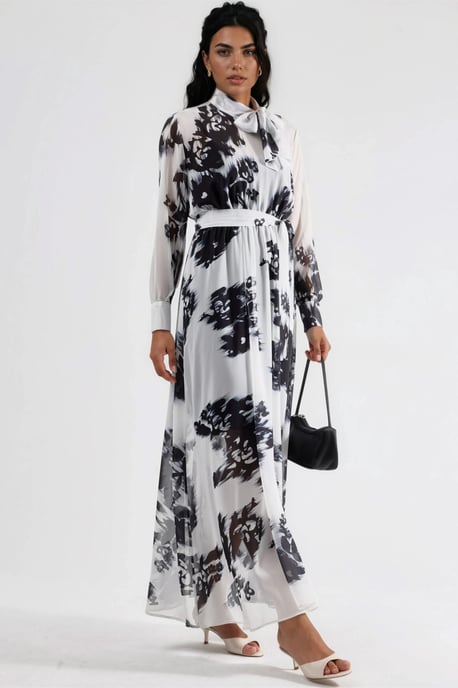 Bloemrijke Maxi-jurk met Knopen Sluiting en Strikdetail - Image 4