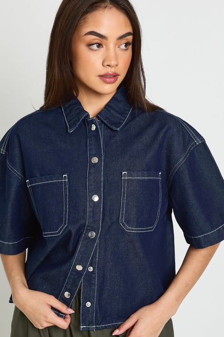 Oversized Short Sleeve Denim Shirt - Image 4