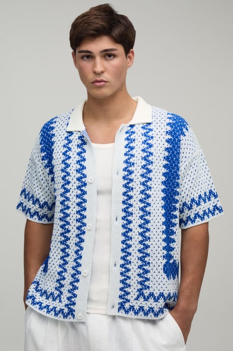 Boxy Wavy Border Open Stitch Knitted Shirt - Image 1