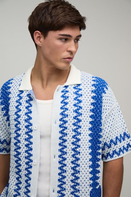 Boxy Wavy Border Open Stitch Knitted Shirt - Image 3