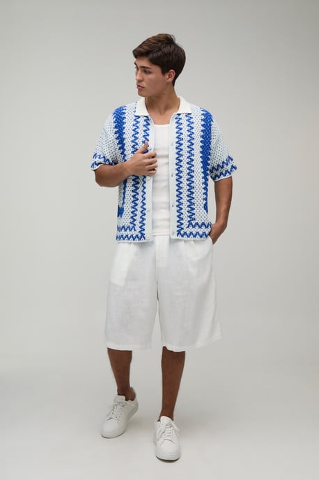 Boxy Wavy Border Open Stitch Knitted Shirt - Image 4