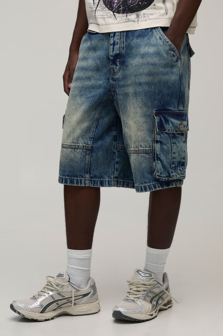 Baggy Fit Gusset Cargo Denim Shorts - Image 1