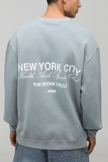 Washed Grey Oversized New York Print Sweatshirt - Image 1