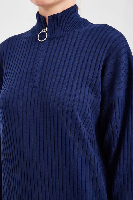 Textured Knit Dress met Halve Col en Rits - Image 6
