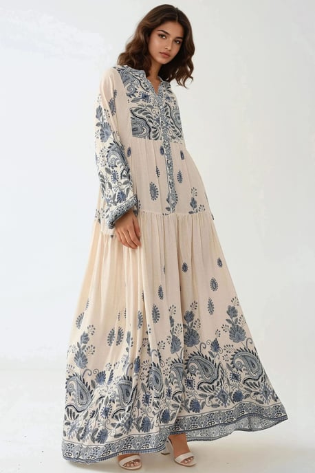 Printed V-neck Maxi Dress with Button Detail - Image 1