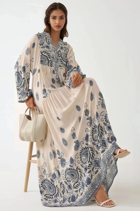 Printed V-neck Maxi Dress with Button Detail - Image 2