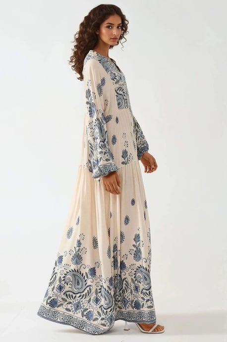 Printed V-neck Maxi Dress with Button Detail - Image 3