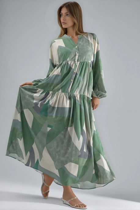 Printed Long Sleeve Viscose Maxi Dress - Image 1