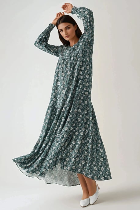 Geprinte Crew Neck Viscose Maxi Jurk - Image 3