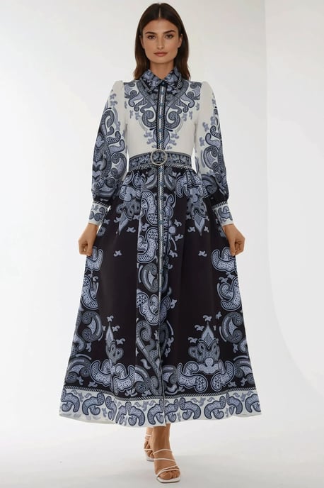Geprinte Lange Mouw Maxi Jurk met Ceintuur - Image 1