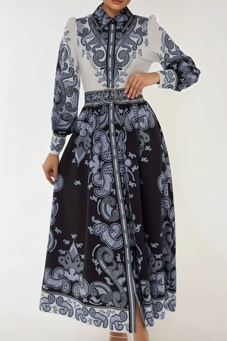 Geprinte Lange Mouw Maxi Jurk met Ceintuur - Image 2