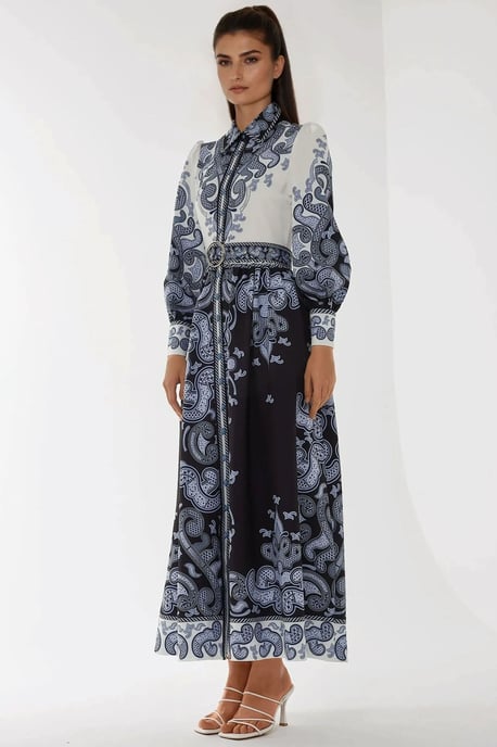 Geprinte Lange Mouw Maxi Jurk met Ceintuur - Image 4