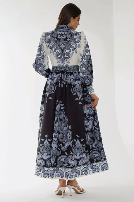 Geprinte Lange Mouw Maxi Jurk met Ceintuur - Image 6