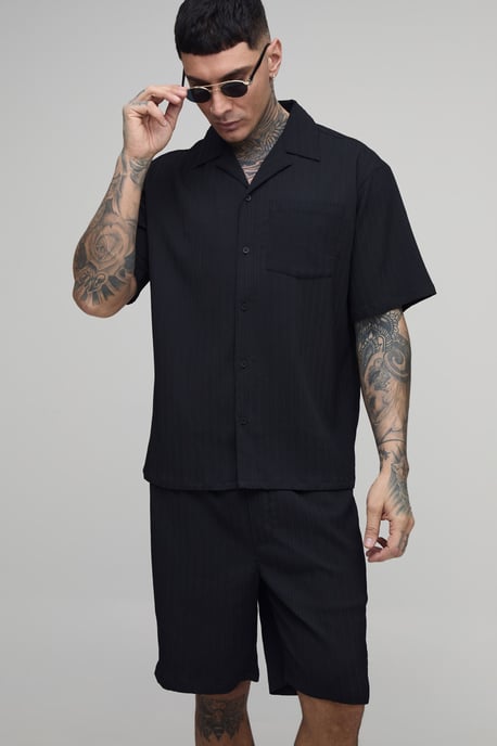 Tall Textured Pleated Oversized Shirt & Short Set - Image 1