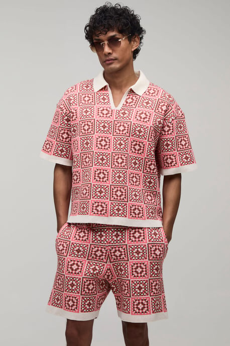 Oversized Boxy Crochet Square Knitted Polo and Short Set - Image 1