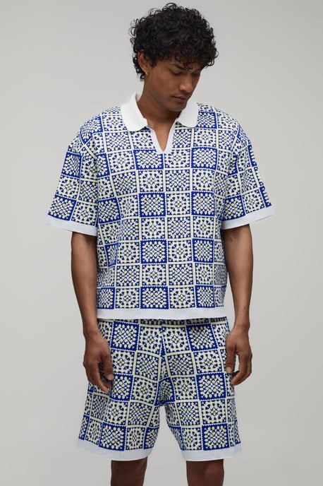 Oversized Boxy Crochet Square Knitted Polo and Short Set - Image 1