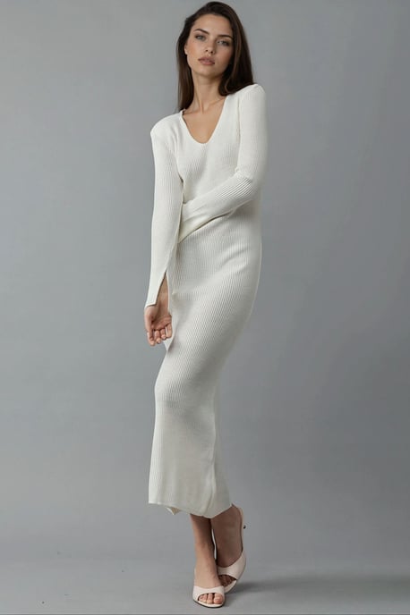 V-hals Textured Maxi Gebreide Jurk met Split - Image 1