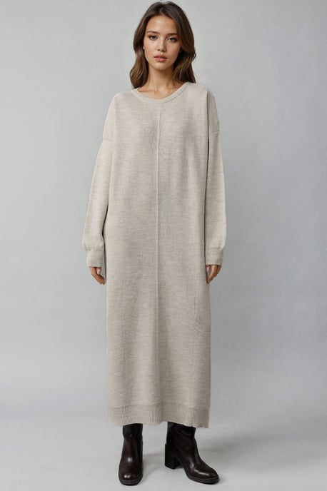 Gelaagde Geribbelde Lange Trui Jurk met Sleufdetail - Image 6