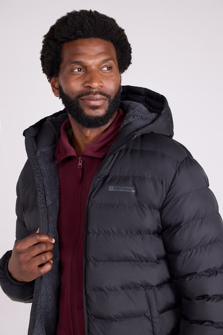 'Seasons' Men's Padded Jacket with Side Pockets Fur Lined Water Resistant Coat Black - Image 3