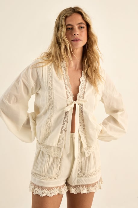 Cotton Lace Trim Tie Front Balloon Sleeve Top - Image 1