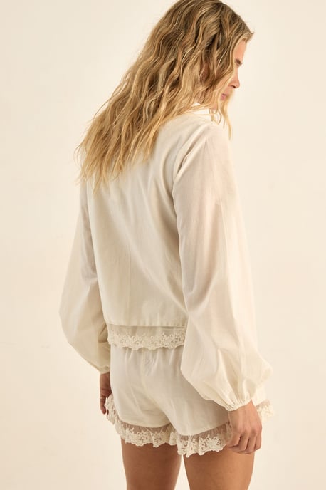 Cotton Lace Trim Tie Front Balloon Sleeve Top - Image 3