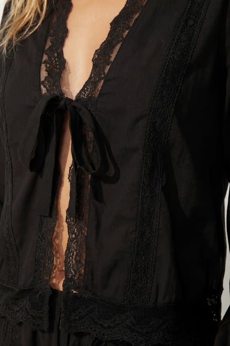 Cotton Lace Trim Tie Front Balloon Sleeve Top - Image 2