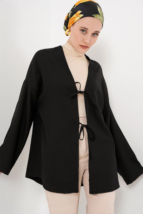 Linnenmix Lange Mouw Kimono met Binding Detail - Image 1